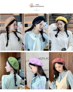 Vertical grid showing multiple colors of wool beret hats for autumn and winter style