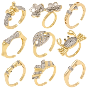 Fashion Copper Zirconia Open Ring For Women Minimalist Gold Silver Plated Geometric Flower Crab Adjustable Jewelry Finger Ring