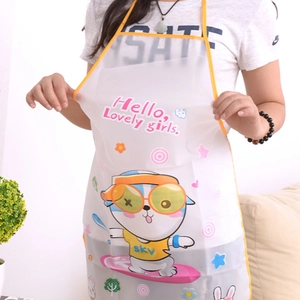 Waterproof cartoon cat apron with yellow trim and 'Hello Lovely girls' print for kitchen