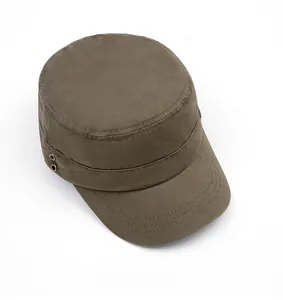 Detail view of khaki cotton cadet cap showing metal eyelets and reinforced brim stitching