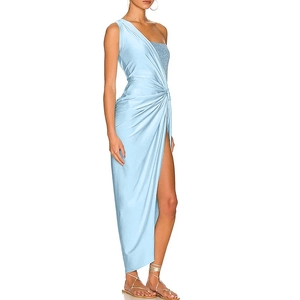 Detailed side view of light blue one-shoulder satin dress with sequins and high slit
