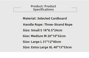 Size chart for Christmas gift bags in four sizes S to XL with cardstock material details