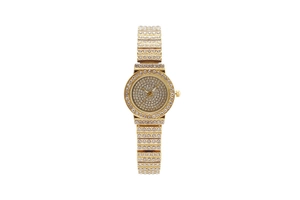 Macro shot of gold women's watch featuring a full diamond-encrusted bezel and band