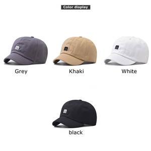Short brim baseball caps with M embroidery in gray, khaki, white, and black colors