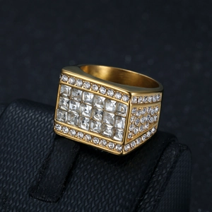 Luxurious gold stainless steel square ring for men featuring full pavé zircon stones