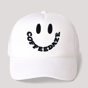 White trucker hat with COFFEEDAZE embroidery face design and breathable mesh back