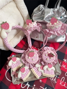 Pink strawberry cake themed hair accessories set including headbands and clips