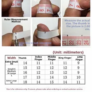 Size guide for rainbow cat eye press-on nails with measurement instructions in mm