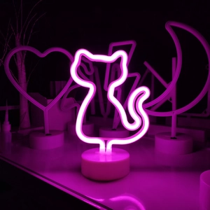 Detailed view of pink cat neon LED sign with base for cozy bedroom desk decor