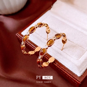 Boucles D'oreilles Créoles En C Vintage Cuivre Plaqué Or 18K Avec Pierres En Résine Brune Zircon Et Tige En Argent Pour Femme