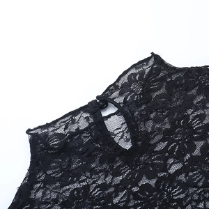 Detail of floral lace mesh dress featuring back neck button closure and stand collar