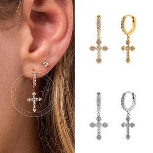 Cross drop hoop earrings with sparkling cubic zirconia in gold and silver plating