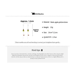 Detailed size specifications for asymmetric green resin and agate tassel earrings