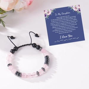 Pink crystal and black bead Morse code bracelet for daughter with message card