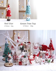 Detailed view of handmade wool felt Christmas trees and holiday decor set with dimensions