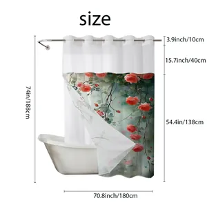 Detailed size chart for floral shower curtain measuring 180cm width by 188cm height