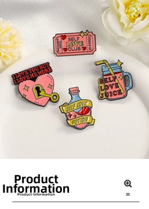 Detail of four Self Love enamel pins set featuring a heart lock and pink juice bottle