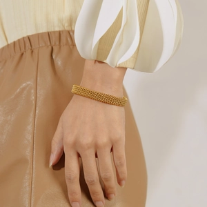 Golden woven mesh texture stainless steel open bangle for women with modern style