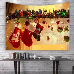 Christmas wall tapestry with stockings and fireplace indoor holiday decor for living room