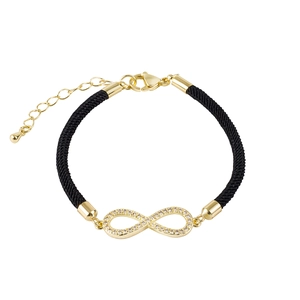Detailed view of infinity charm with clear crystals on black braided rope bracelet