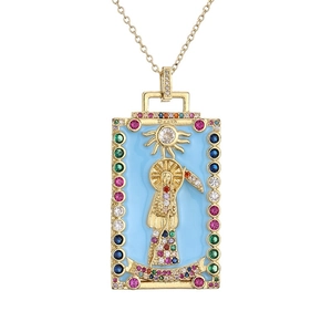 Gold sun tarot necklace featuring death card pendant with blue enamel and zircon inlay