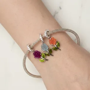 S925 sterling silver woven bracelet with three colorful zircon rose flower pendants