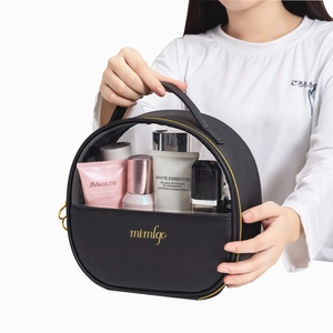 Black PU leather crescent makeup bag with clear PVC window and gold zipper closure