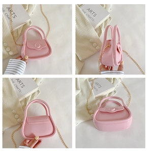 Macro views of pink silicone mini jelly bag with gold chain from multiple angles