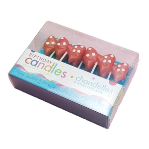 5-pack red polka dot bow birthday candles for party cake decorations in a clear gift box