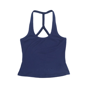 Close-up of the Y-back design on navy blue ribbed knit racerback tank top