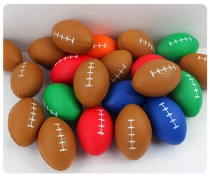 Close-up of colorful mini PU foam stress relief footballs in various vibrant colors