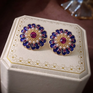 Vintage Flower Stud Earrings With Enamel Rhinestone Imitation Artificial Pearl And 925 Sterling Silver Earring Post For Women