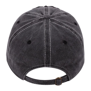Detail of washed cotton baseball cap with contrast stitching and adjustable metal buckle