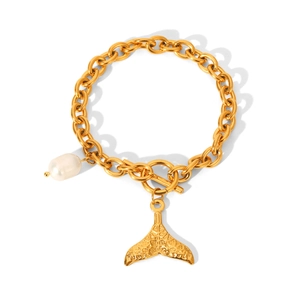 Golden chunky chain bracelet with pearl and fishtail pendants featuring a secure OT clasp