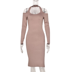 Elegant mauve halter neck cold-shoulder bodycon dress in ribbed knit stretch fabric