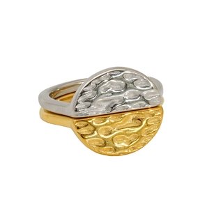 Hammered texture double layer two-tone silver and 18K gold plated stainless steel ring
