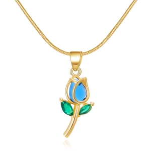 Detailed view of tulip pendant with blue petals and green leaves on a gold chain