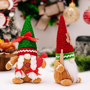 Christmas gnome dolls with gingerbread man details and red green hats for holiday decor