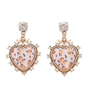 Retro leopard print heart earrings with sparkly rhinestones and elegant gold finish
