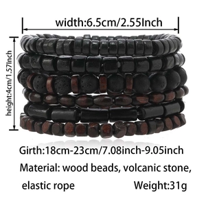 Detailed size specifications for handmade wooden and volcanic stone beaded bracelets