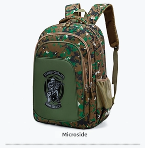 Detail view of the digital camouflage pattern and soldier emblem on military style backpack