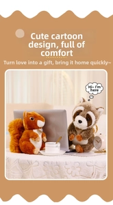 Cute squirrel and raccoon plush dolls on a lace tablecloth for home decoration