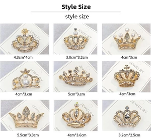 Detailed size guide for various sparkling rhinestone crown brooches with dimensions