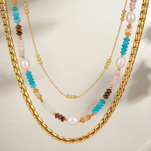 Layered Necklace Stainless Steel Gold Plated With Natural Stones And Freshwater Pearls Waterproof Hypoallergenic Bohemian Jewelry