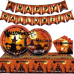 Halloween party tableware set featuring pumpkin and scarecrow patterns on paper plates
