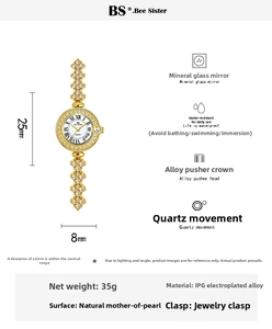 Detail of 25mm gold watch with mother of pearl dial and rhinestone alloy strap