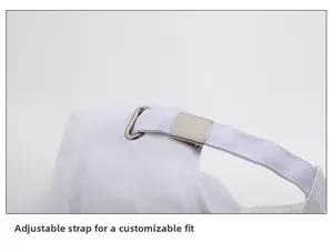 Close-up of adjustable metal buckle and cotton strap on the back of the white baseball cap