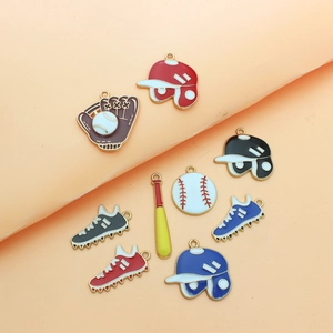 Detailed set of eight baseball-themed alloy charms with vibrant drip oil finish and gold trim