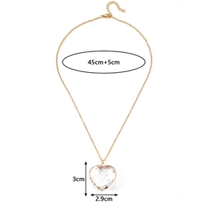 White heart crystal pendant necklace with gold chain and detailed size measurements