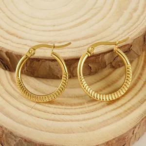 Hoop Earrings 18K Gold Plated Stainless Steel Ribbed Striped Geometric Round Minimalist Vintage Jewelry For Women